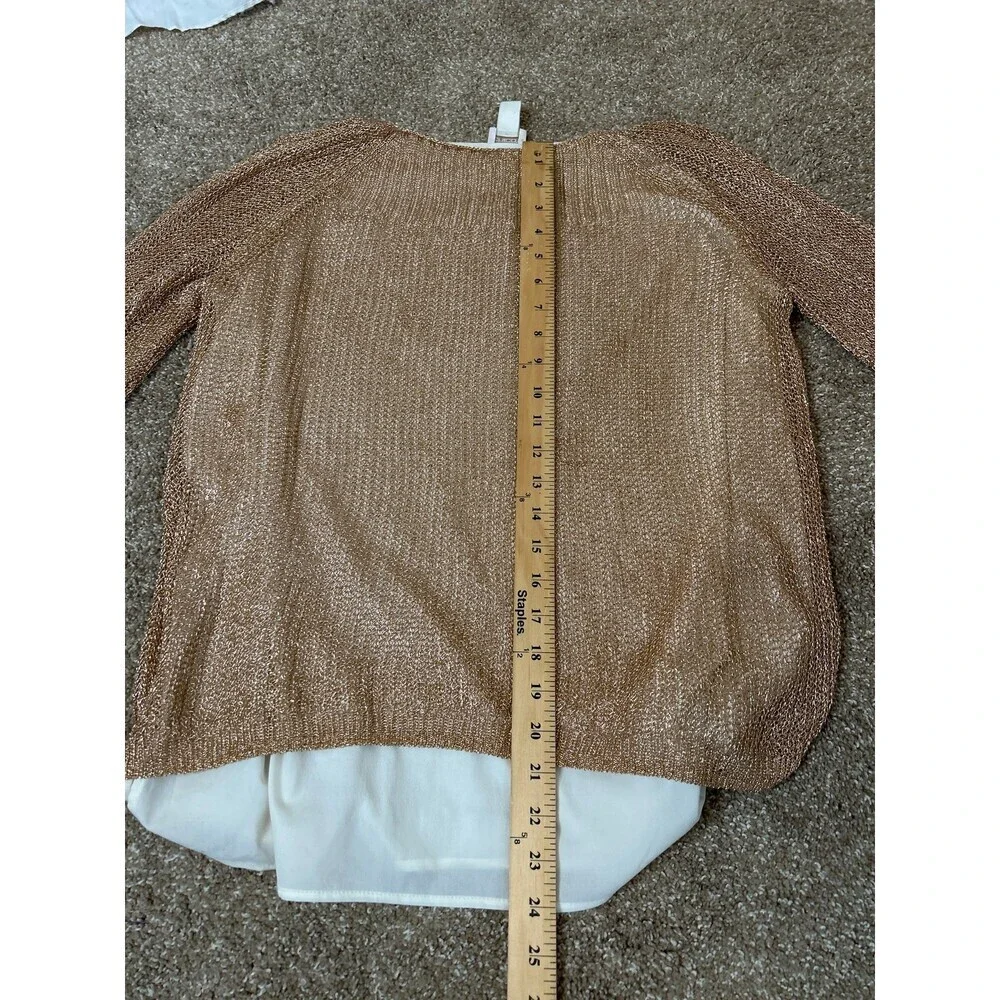 Chicos Sweater Metallic Copper/gold Cotton Blend Crewneck chain link SZ 2 US LG